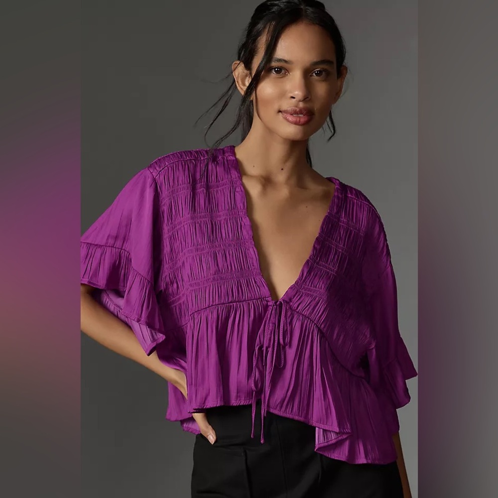Anthropologie Vibrant Purple Silky smocked top Blouse tie front